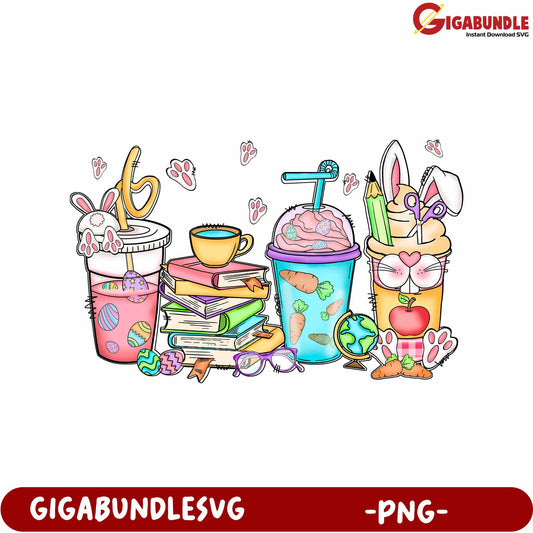 Fun Colorful Drinks, Books, and Cute Bunny Accessories PNG Art