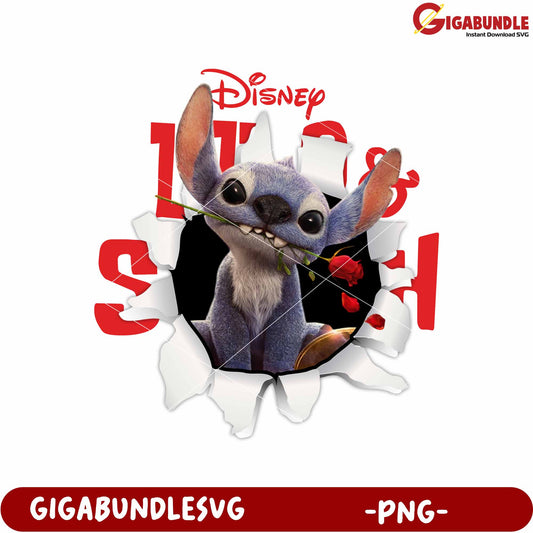Funny blue alien  with a rose design png, cute stitch png, lilo and stitch the movie png