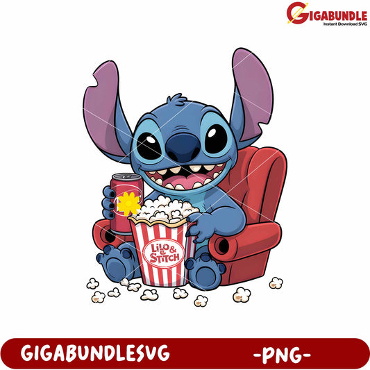Funny stitch  with popcorn png, adorable disney characters png, lilo and stitch cartoon png