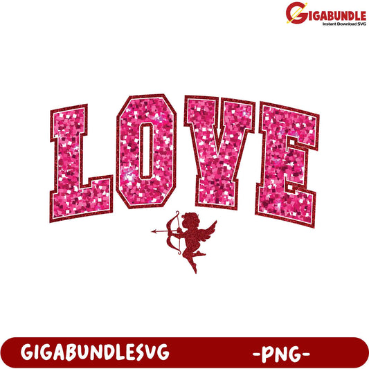 Glittery Pink 'LOVE' PNG Design with Cupid for Valentine's Day Crafts