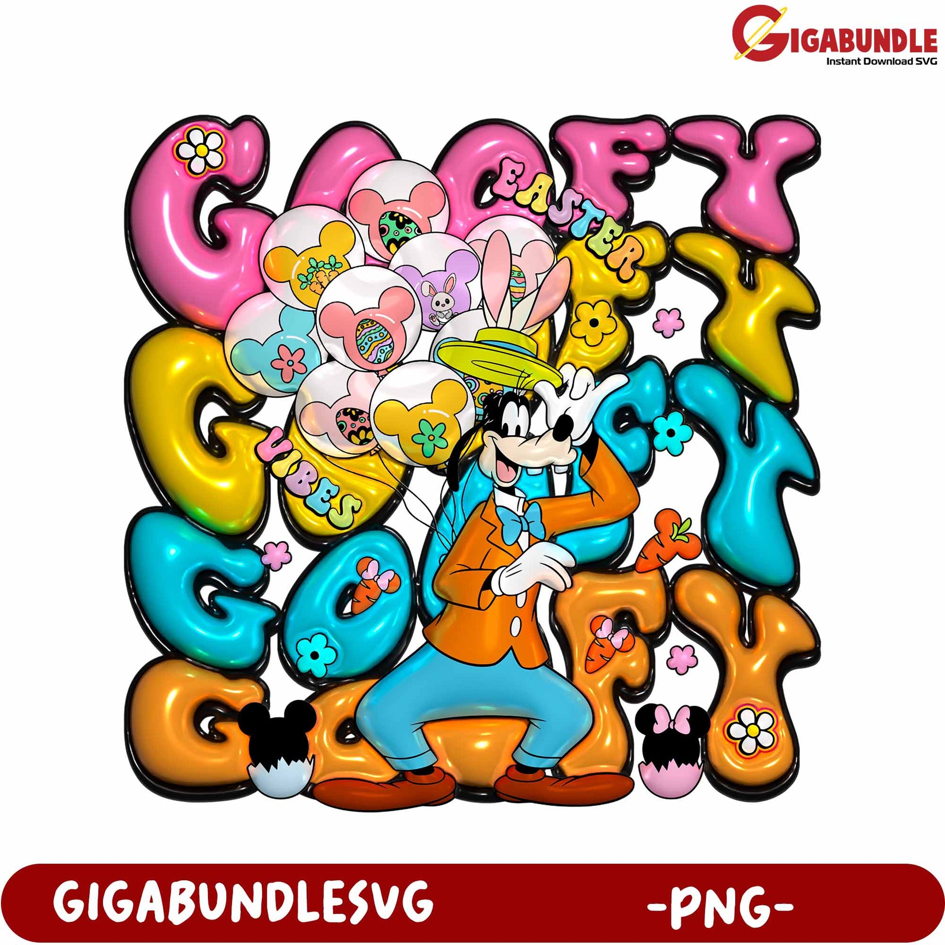 Goofy Easter Vibes Fun PNG Illustration with Colorful Balloons