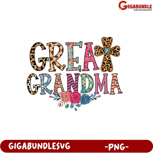 Great Grandma Colorful Floral Cross Design PNG for Creative Projects
