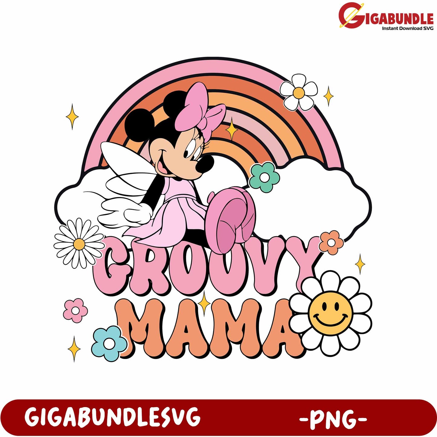 Groovy Mama PNG Design Featuring Colorful Rainbow and Flowers