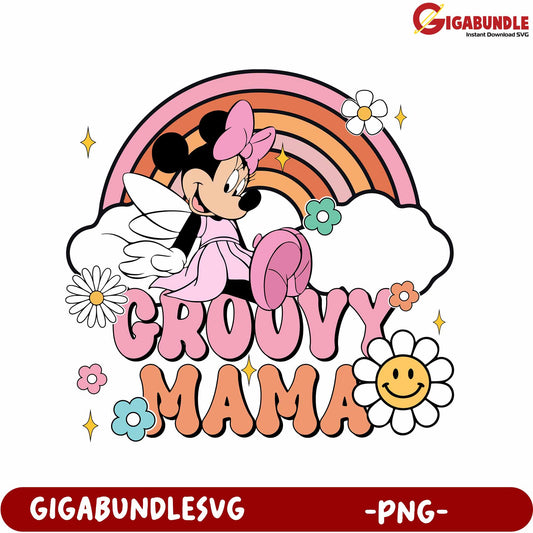 Groovy Mama PNG Design Featuring Colorful Rainbow and Flowers