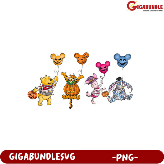 Halloween Characters with Balloons PNG File Download