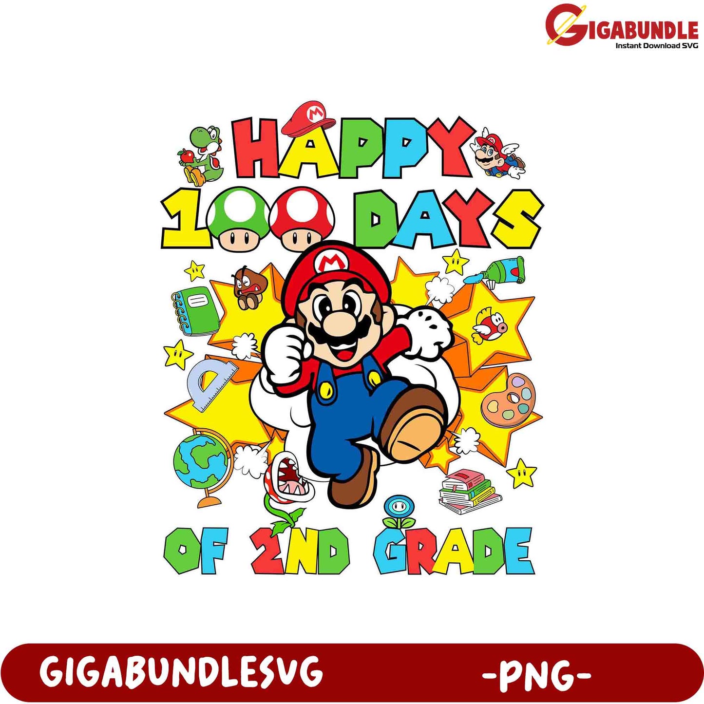 Happy 100 Days of 2nd Grade Mario PNG Design for Kids