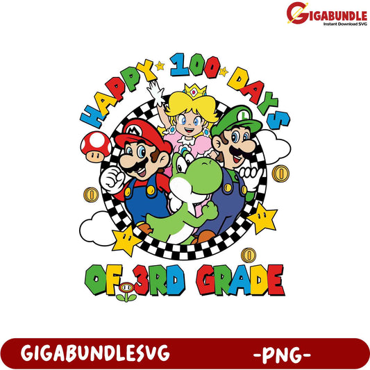 Happy 100 Days of 3rd Grade Mario Character PNG Design