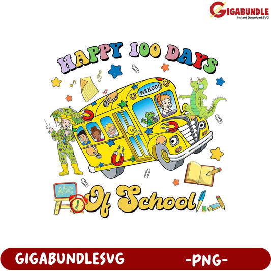 Happy 100 Days of School Fun - Colorful Bus PNG Design