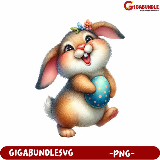 Happy Bunny Holding Colorful Easter Egg PNG Digital Download
