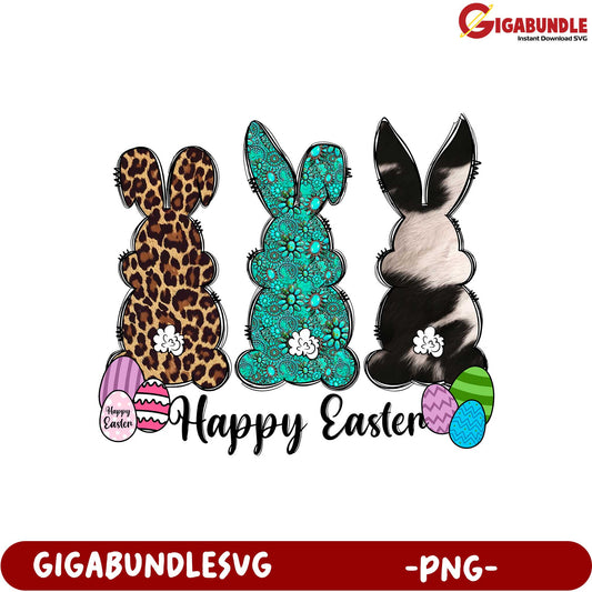 Happy Easter Bunny PNG Designs – Fun Colorful Rabbit Trio