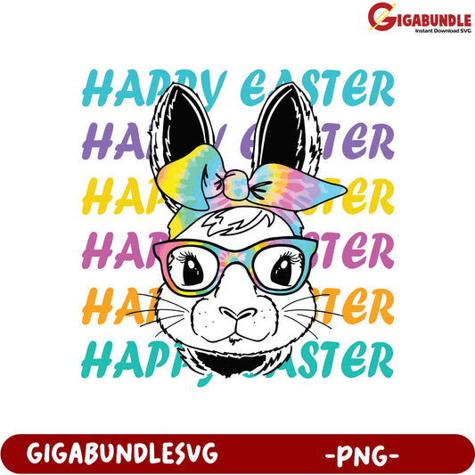 Happy Easter Bunny PNG Design with Colorful Text and Glasses