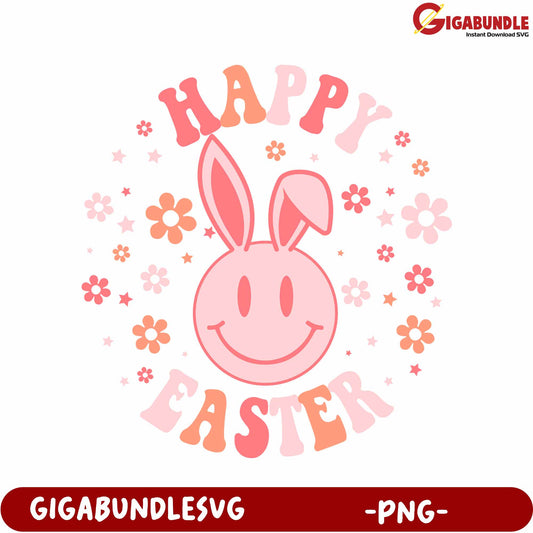 Happy Easter Bunny Smiley Flowers PNG Graphic Design Download