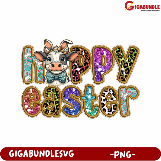 Happy Easter Cow Design with Colorful Letters - PNG Format