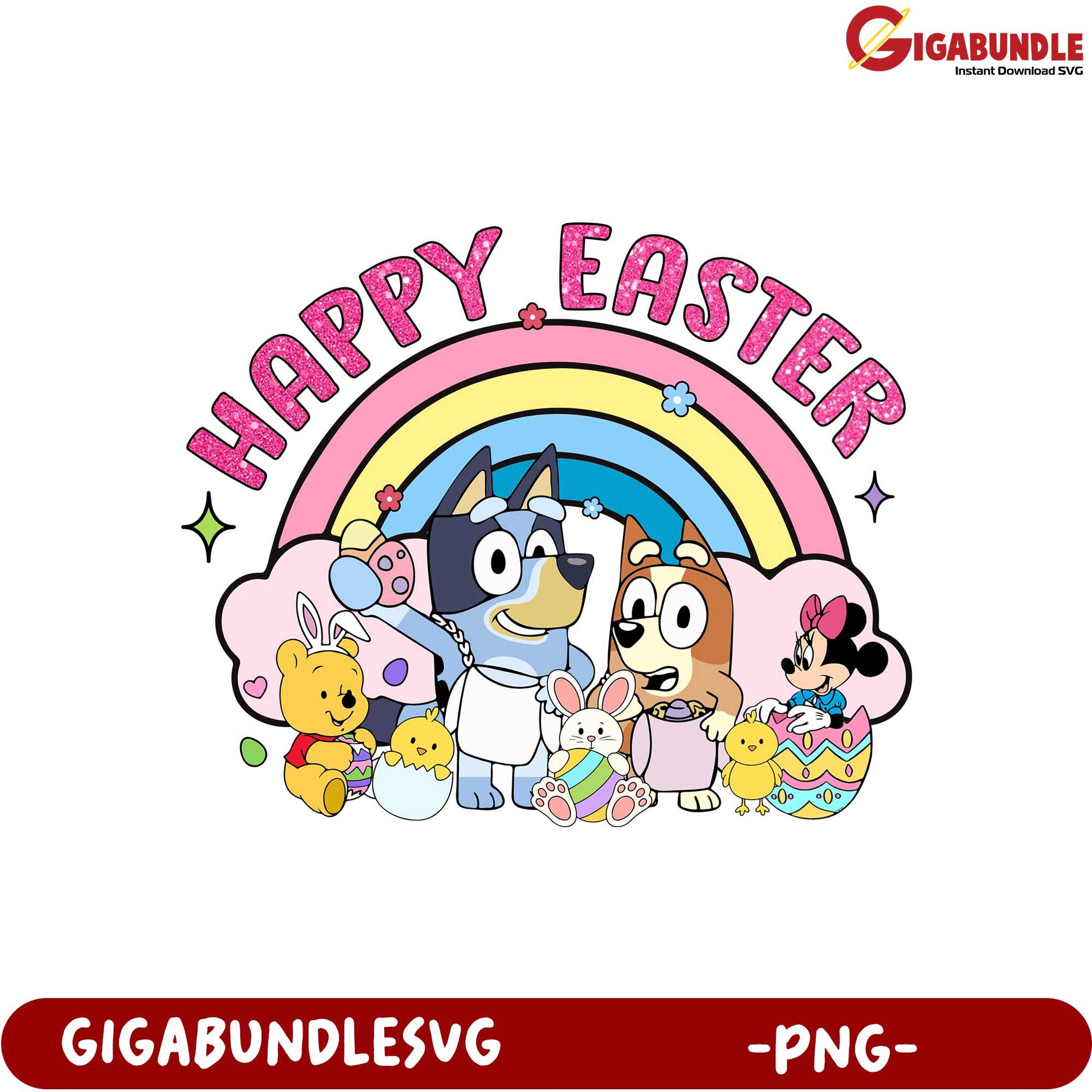 Happy Easter PNG Artwork with Cute Characters and Rainbow