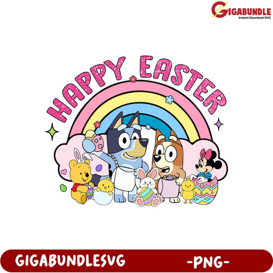 Happy Easter PNG Artwork with Cute Characters and Rainbow