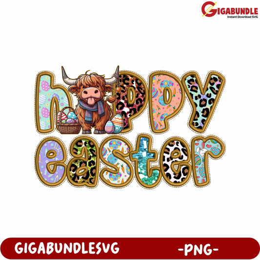 Happy Easter PNG Artwork with Cute Highland Cow Design