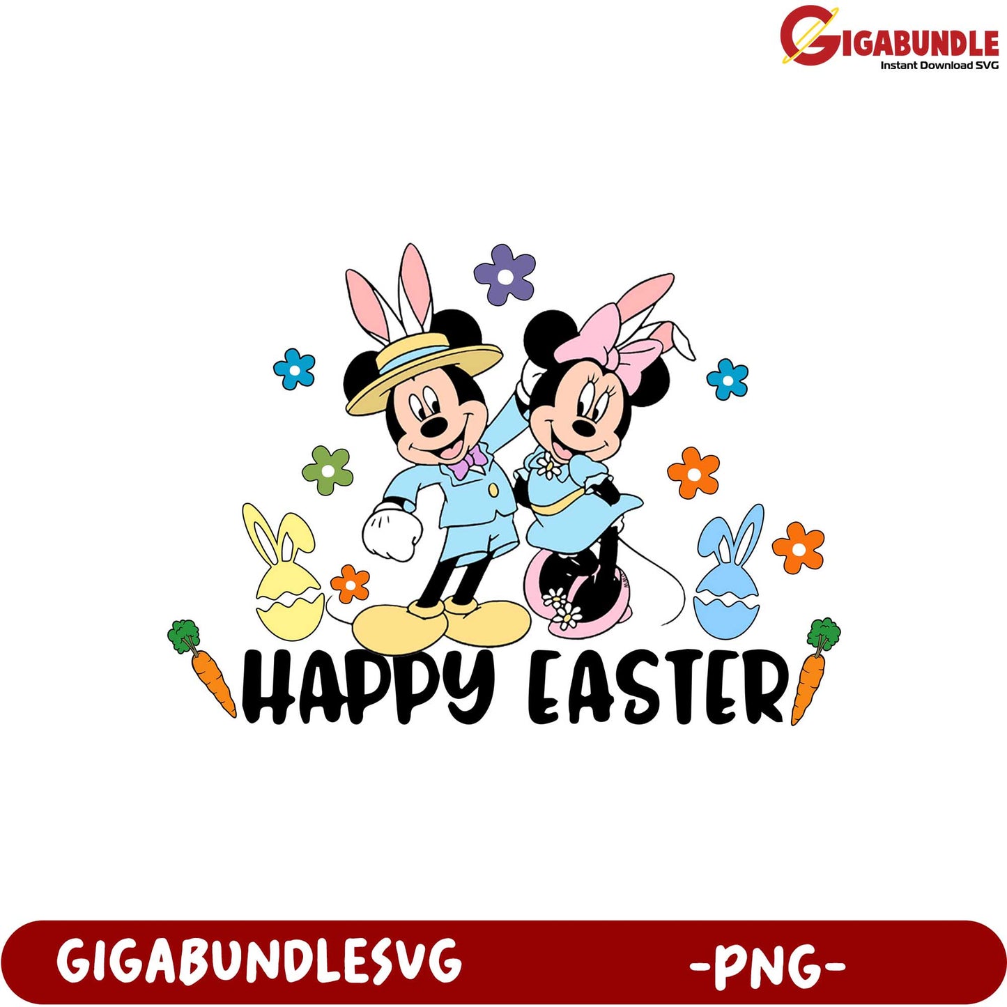 Happy Easter PNG Design with Adorable Cartoon Bunnies & Flowers
