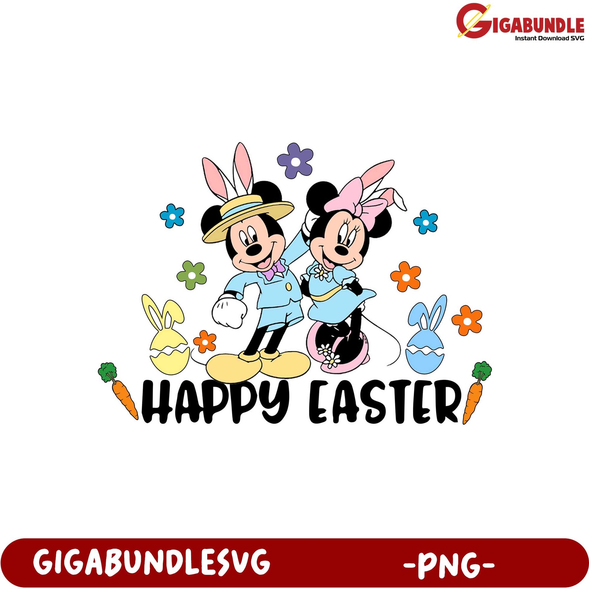 Happy Easter PNG Design with Adorable Cartoon Bunnies & Flowers
