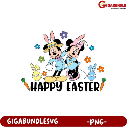 Happy Easter PNG Design with Adorable Cartoon Bunnies & Flowers