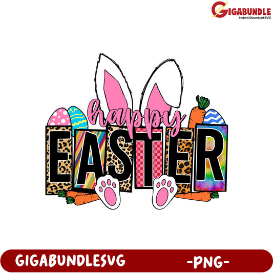 Happy Easter PNG Design with Bunny Ears and Colorful Eggs