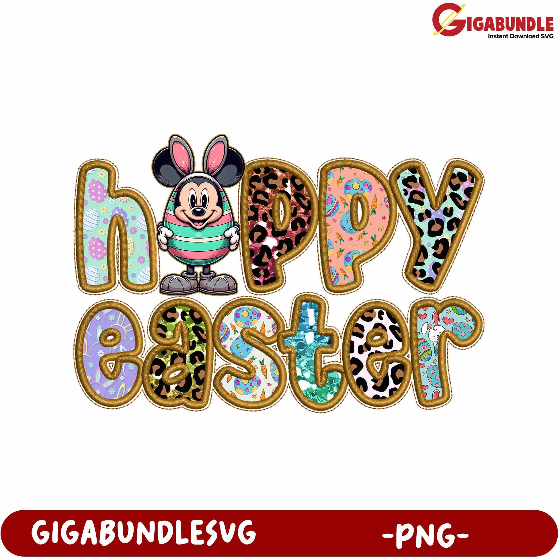 Happy Easter PNG Design with Colorful Patterns and Cartoon Character