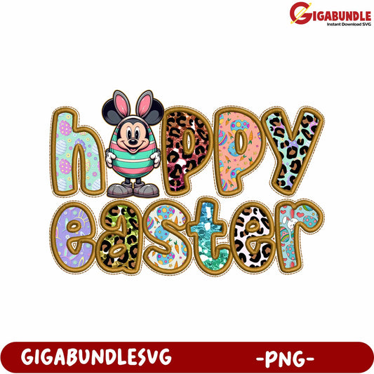 Happy Easter PNG Design with Colorful Patterns and Cartoon Character