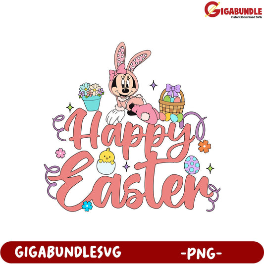 Happy Easter PNG Design with Cute Bunny and Floral Elements
