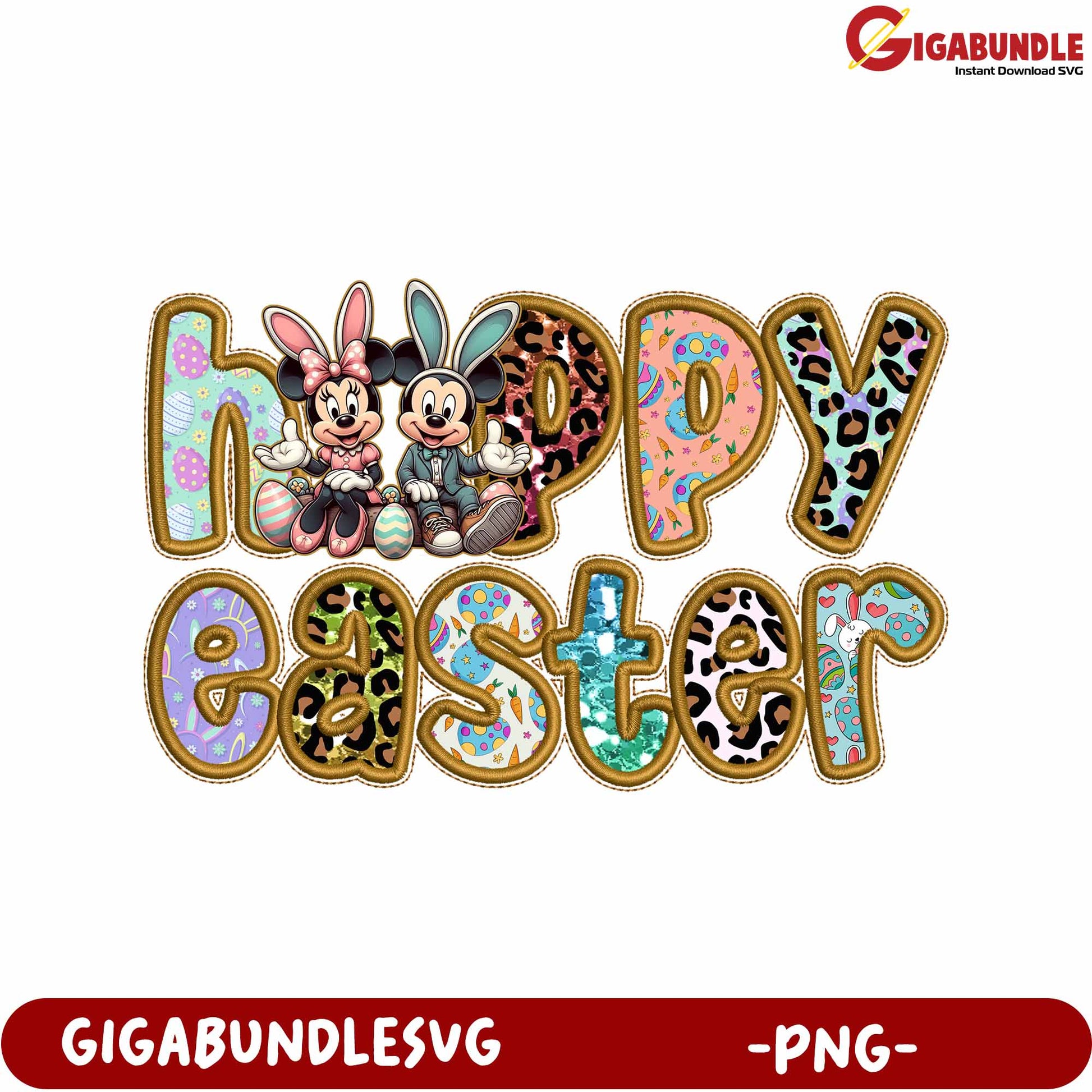 Happy Easter PNG Design with Cute Characters and Colorful Letters