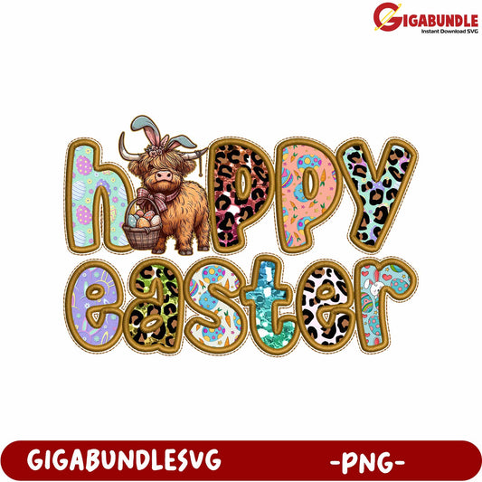 Happy Easter PNG Design with Cute Highland Cow Graphics