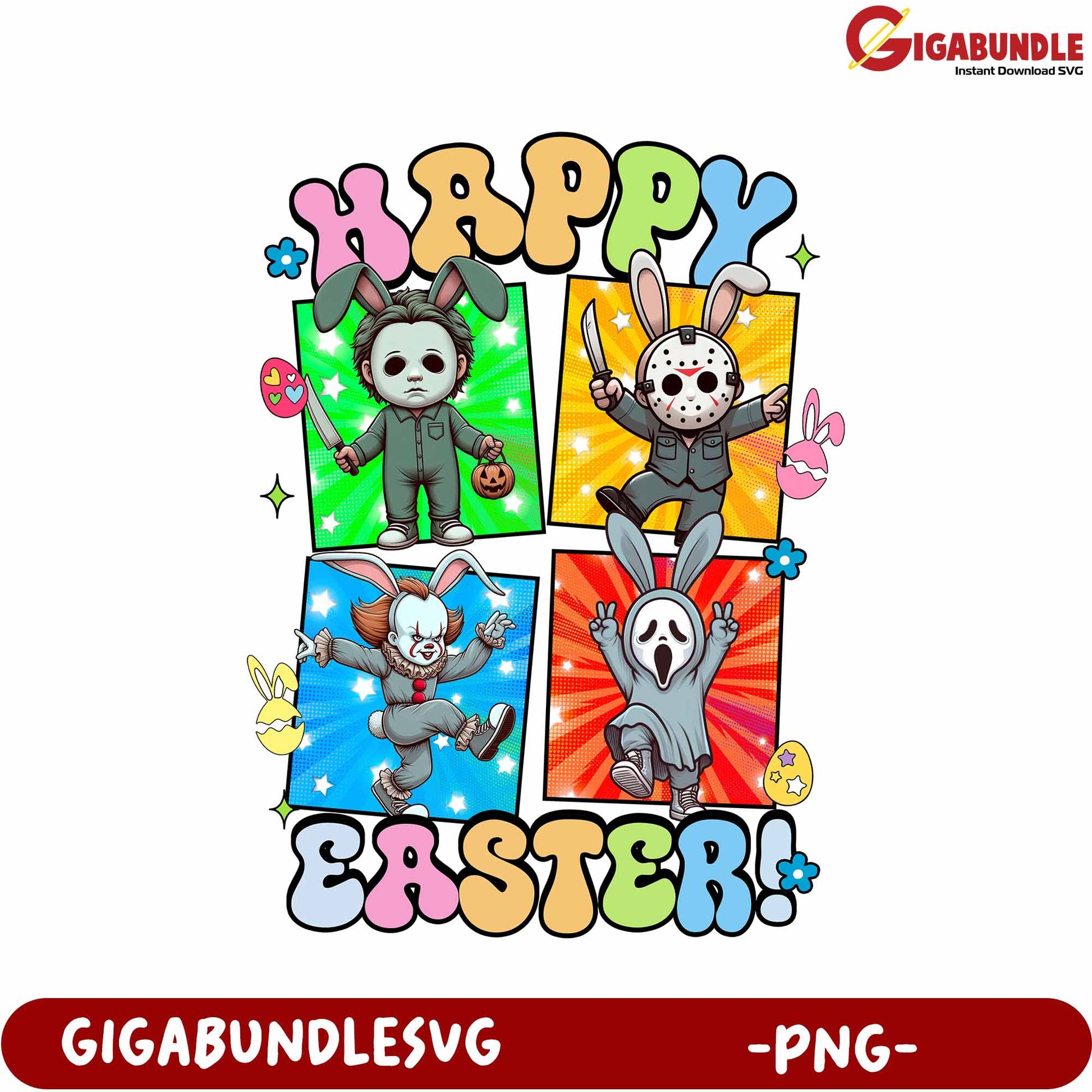 Happy Easter PNG Design with Iconic Horror Characters Fun!