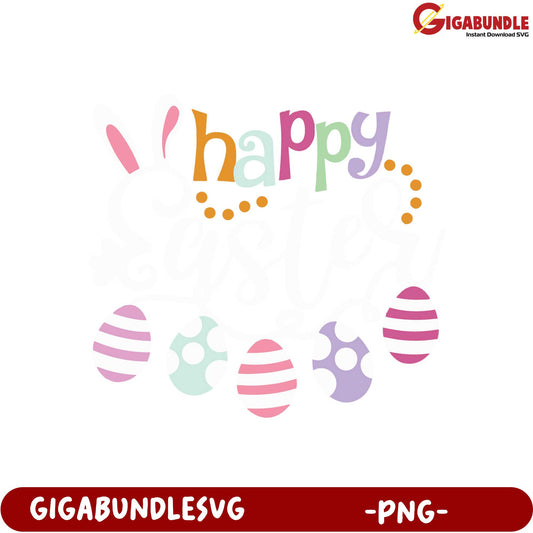 Happy Easter PNG Digital Download with Colorful Eggs Design