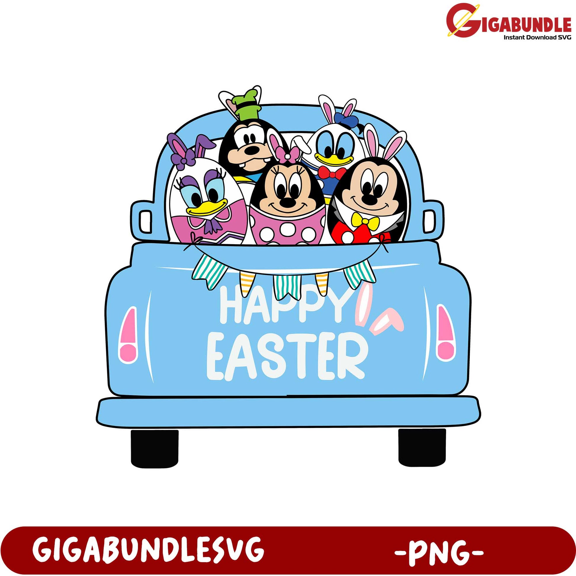 Happy Easter PNG Graphic with Disney Characters in a Truck