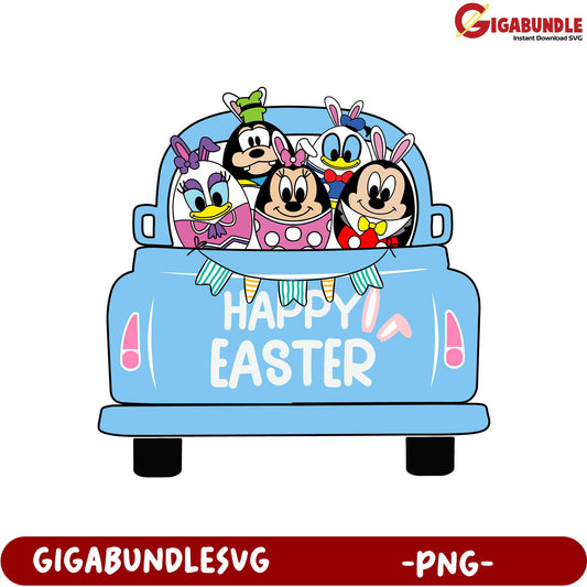Happy Easter PNG Graphic with Disney Characters in a Truck