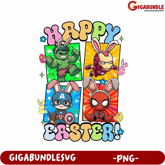 Happy Easter PNG with Superheroes in Adorable Bunny Ears