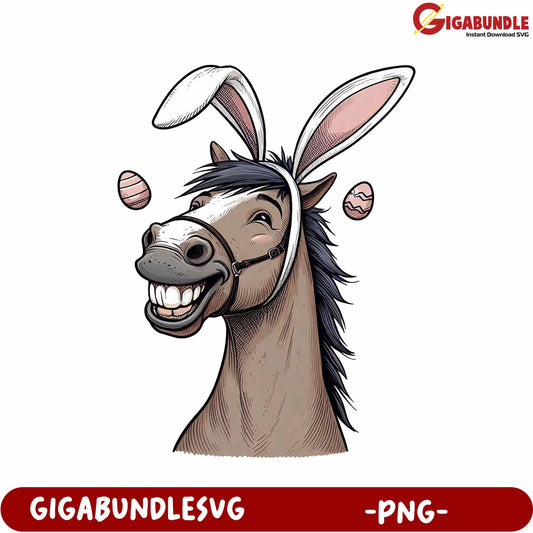 Happy Horse with Bunny Ears and Easter Eggs - PNG Graphic