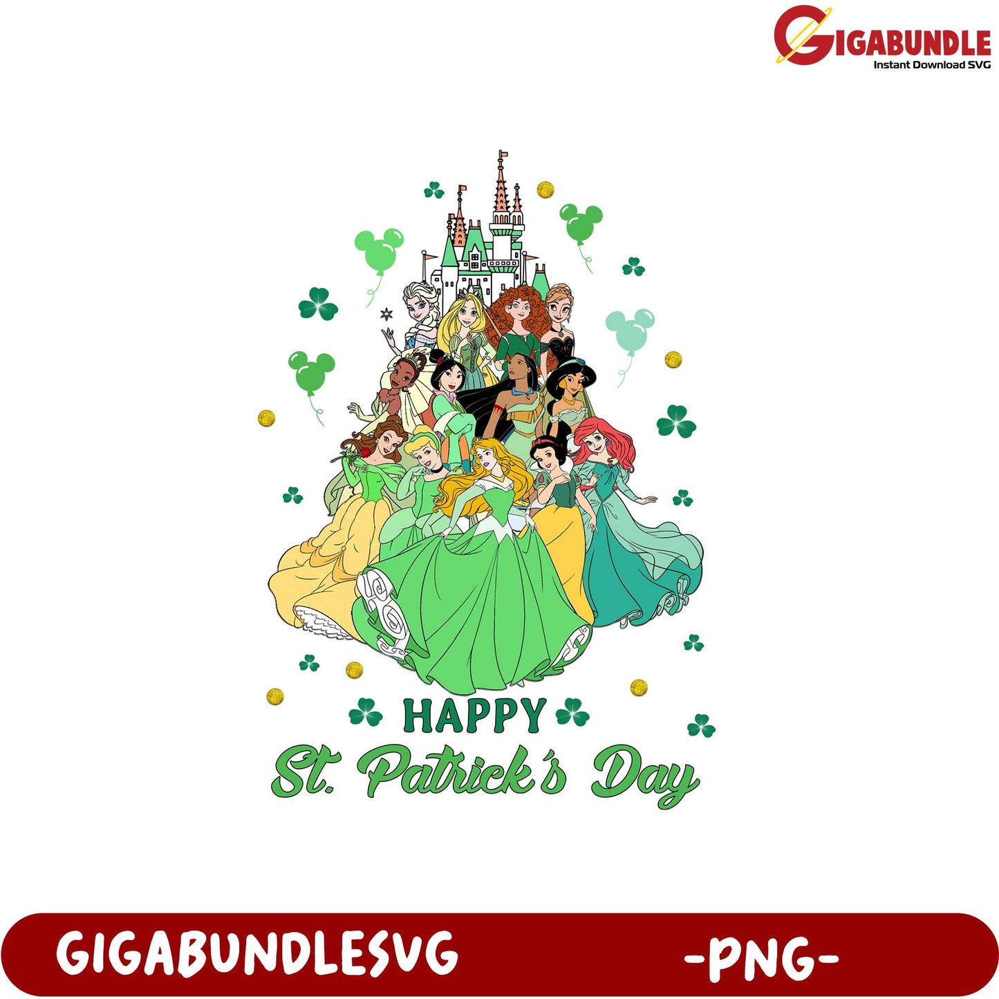 Happy St. Patrick's Day PNG Design with Princesses and Castle