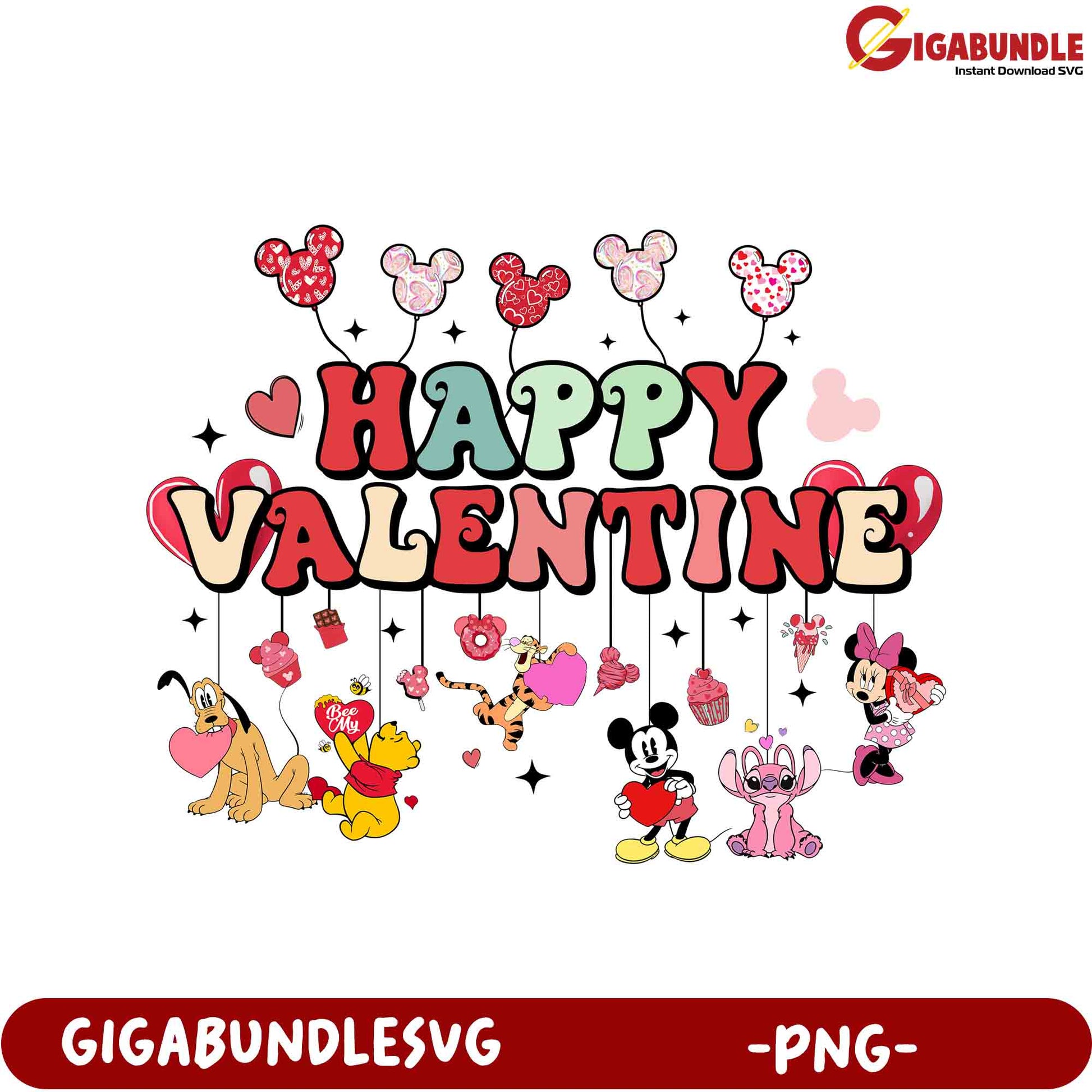 Happy Valentine PNG Design with Classic Disney Characters for Lovers