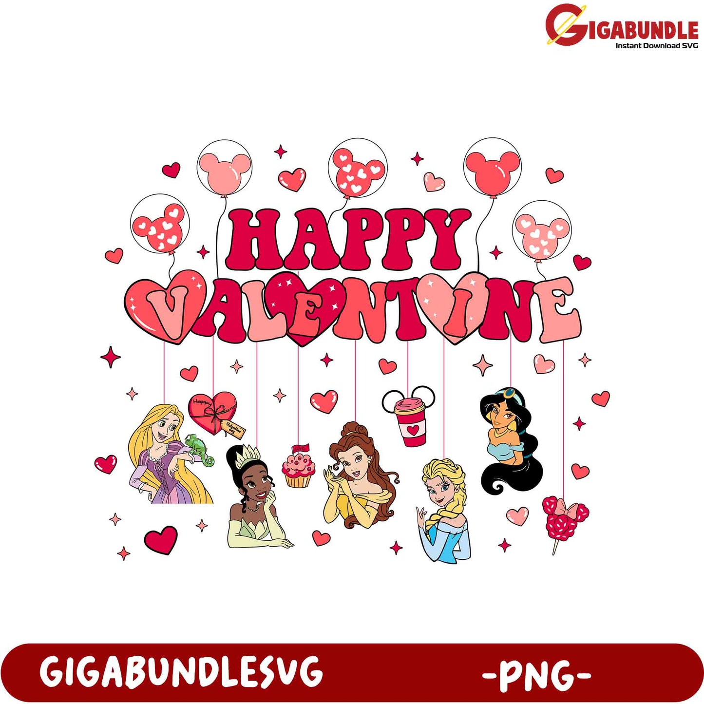 Happy Valentine’s Day PNG Decoration with Princess and Hearts Design