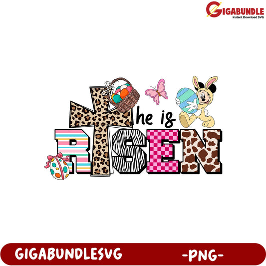 He Is Risen Easter PNG Design with Fun Bunny and Eggs