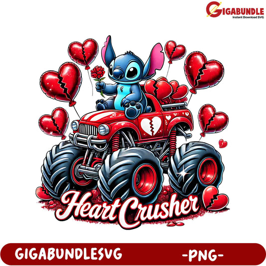 Heart Crusher Monster Truck PNG - Cute Cartoon Design for Valentine’s Day