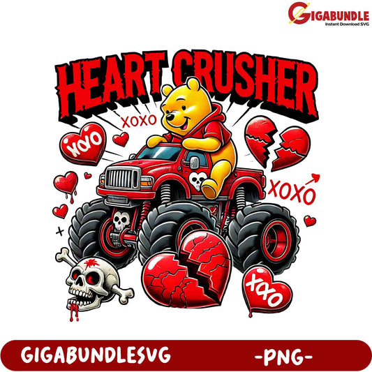 Heart Crusher PNG Art Cute Bear in Monster Truck with Broken Hearts