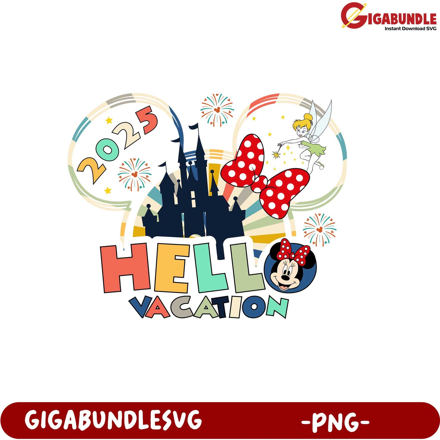 Hello Vacation 2025 Disney Castle PNG Graphic with Minnie Mouse Design Gigabundlesvg