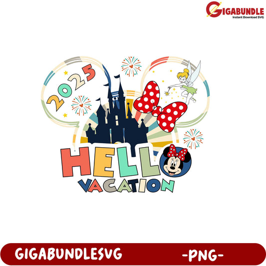 Hello Vacation 2025 Disney Castle PNG Graphic with Minnie Mouse Design
