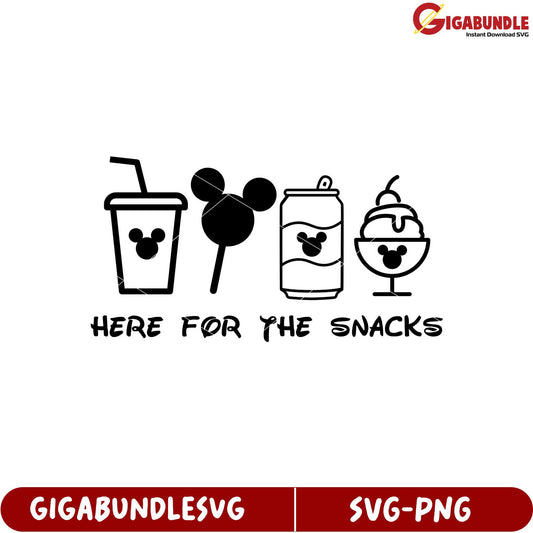 Here for the Snacks Fun SVG Design Featuring Iconic Treats and Drinks