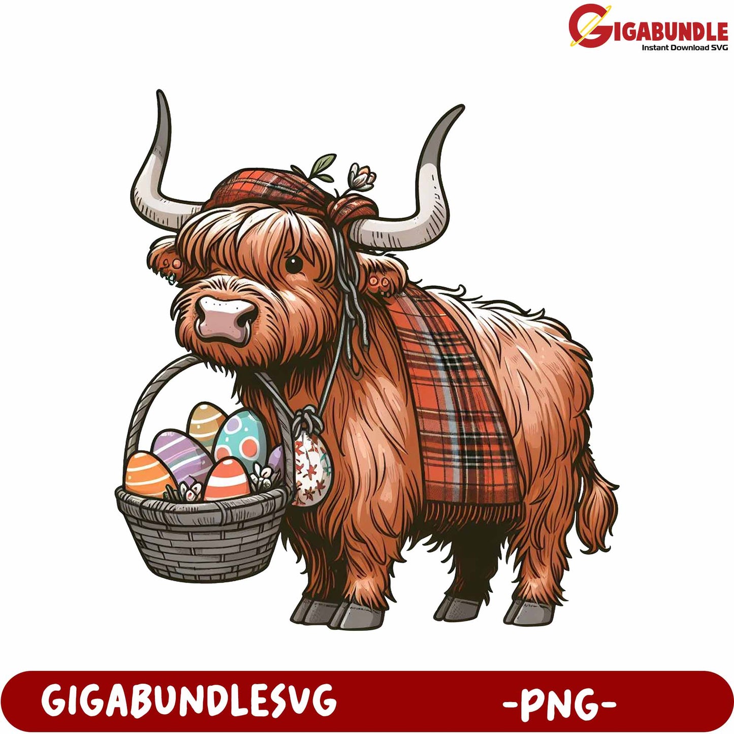 Highland Cow with Easter Basket PNG for Creative Projects