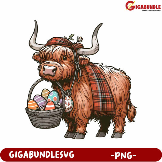 Highland Cow with Easter Basket PNG for Creative Projects
