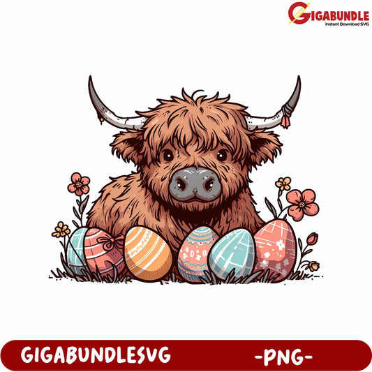 Highland Cow with Easter Eggs and Flowers PNG Downloadable Art