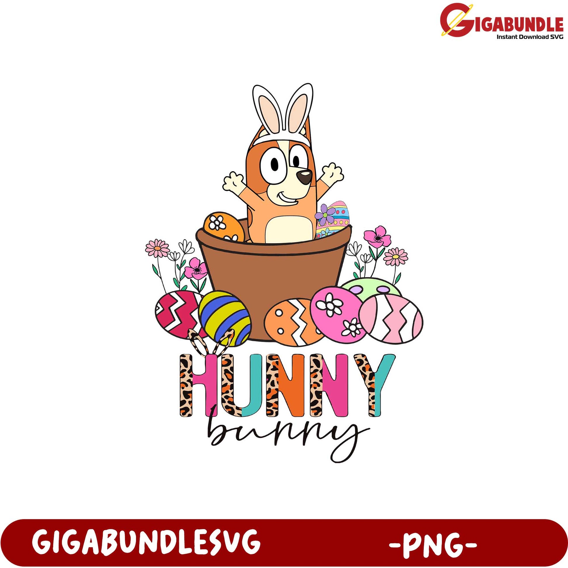 Hunny Bunny PNG Graphic with Colorful Easter Eggs and Flowers