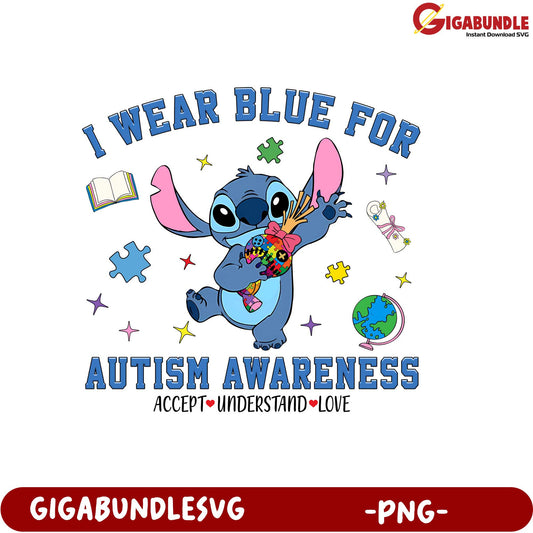 I Wear Blue for Autism Awareness PNG Design with Stitch Character 