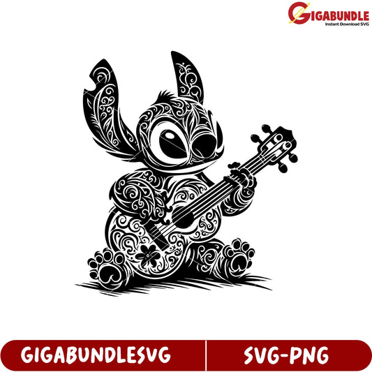 Intricate Black and White Music Playing Character SVG for Crafts and Design